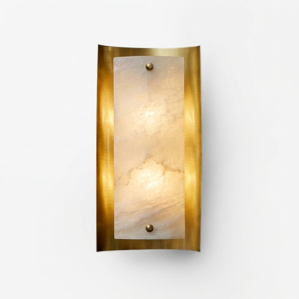 Close detail of the alabaster, brass on the Tall Alabaster and Brass Wall Lamp
