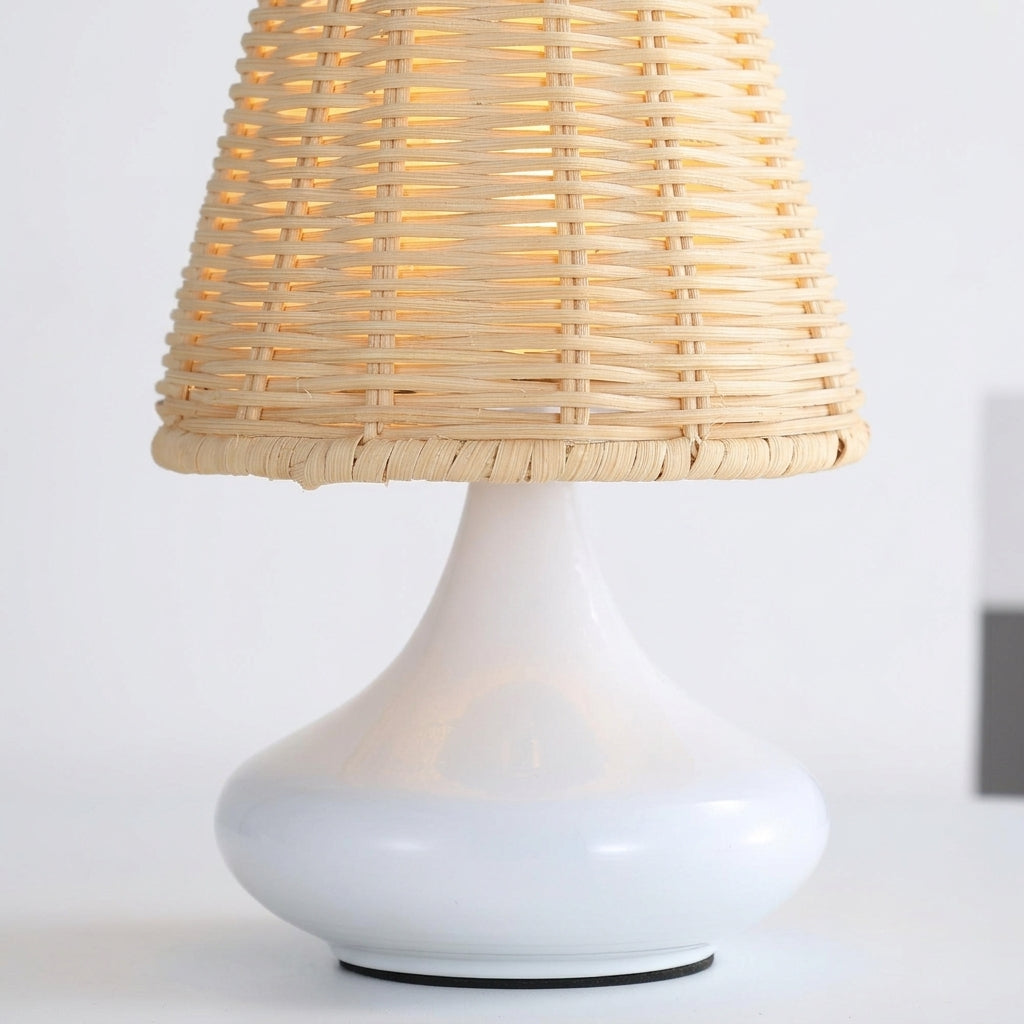 Close detail of the hand-woven bamboo shade, iron base on the Woven Bamboo Table Lamp