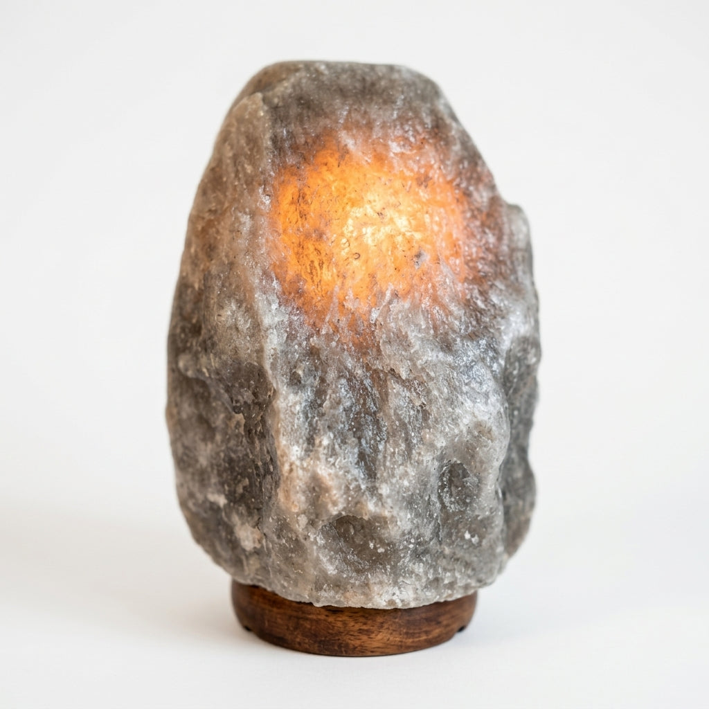 Close detail of the salt stone body, marble base on the Salt Stone Table Lamp