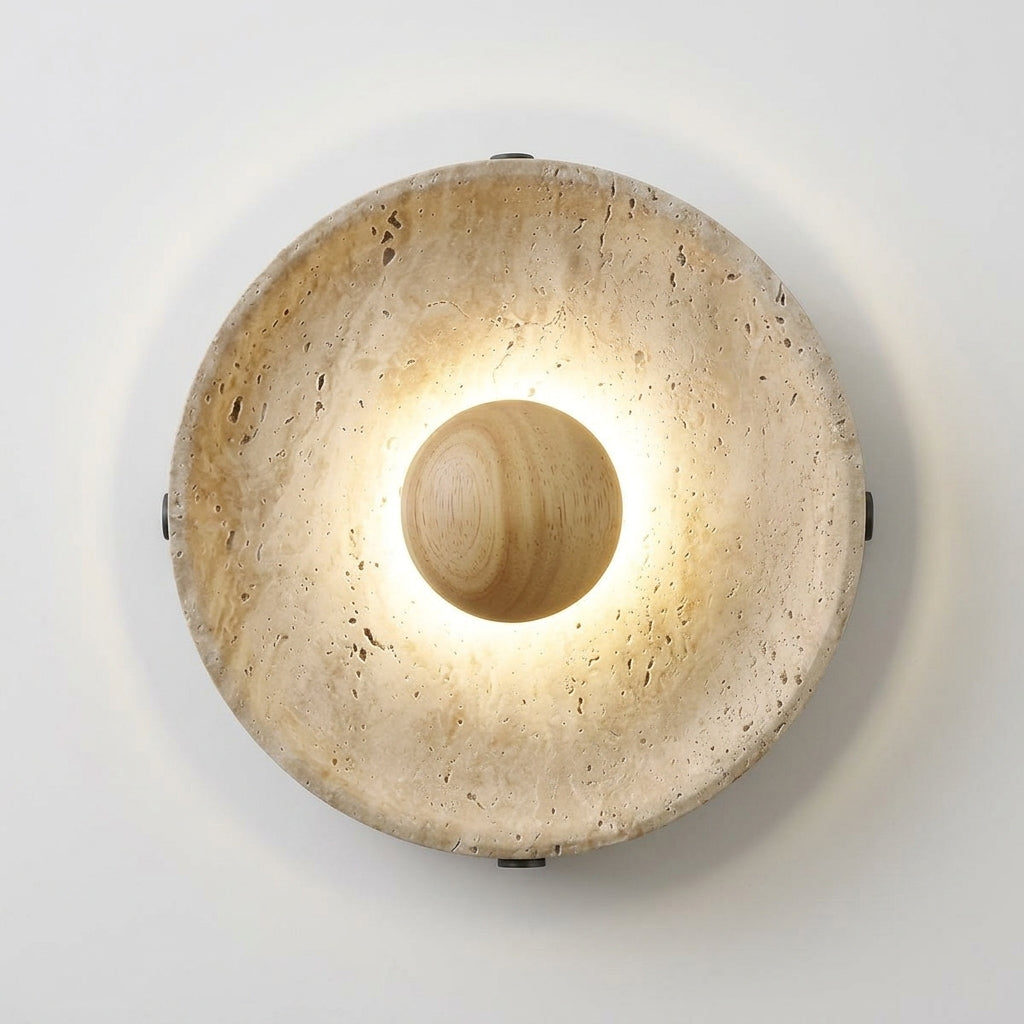 Close detail of the yellow travertine, wood on the Travertine and Wood Wall Light