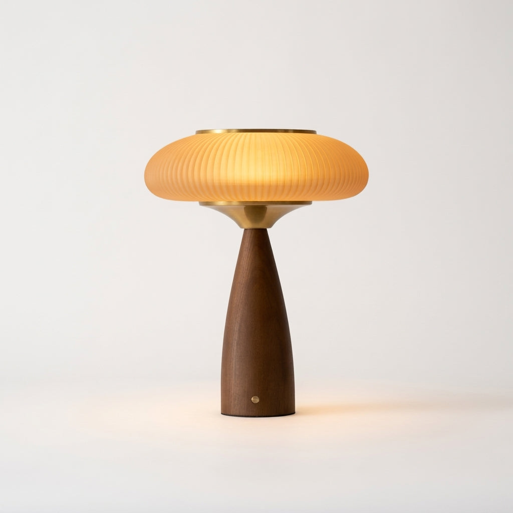 Close detail of the metal, wood and glass on the Walnut and Amber Glass Cordless Lamp