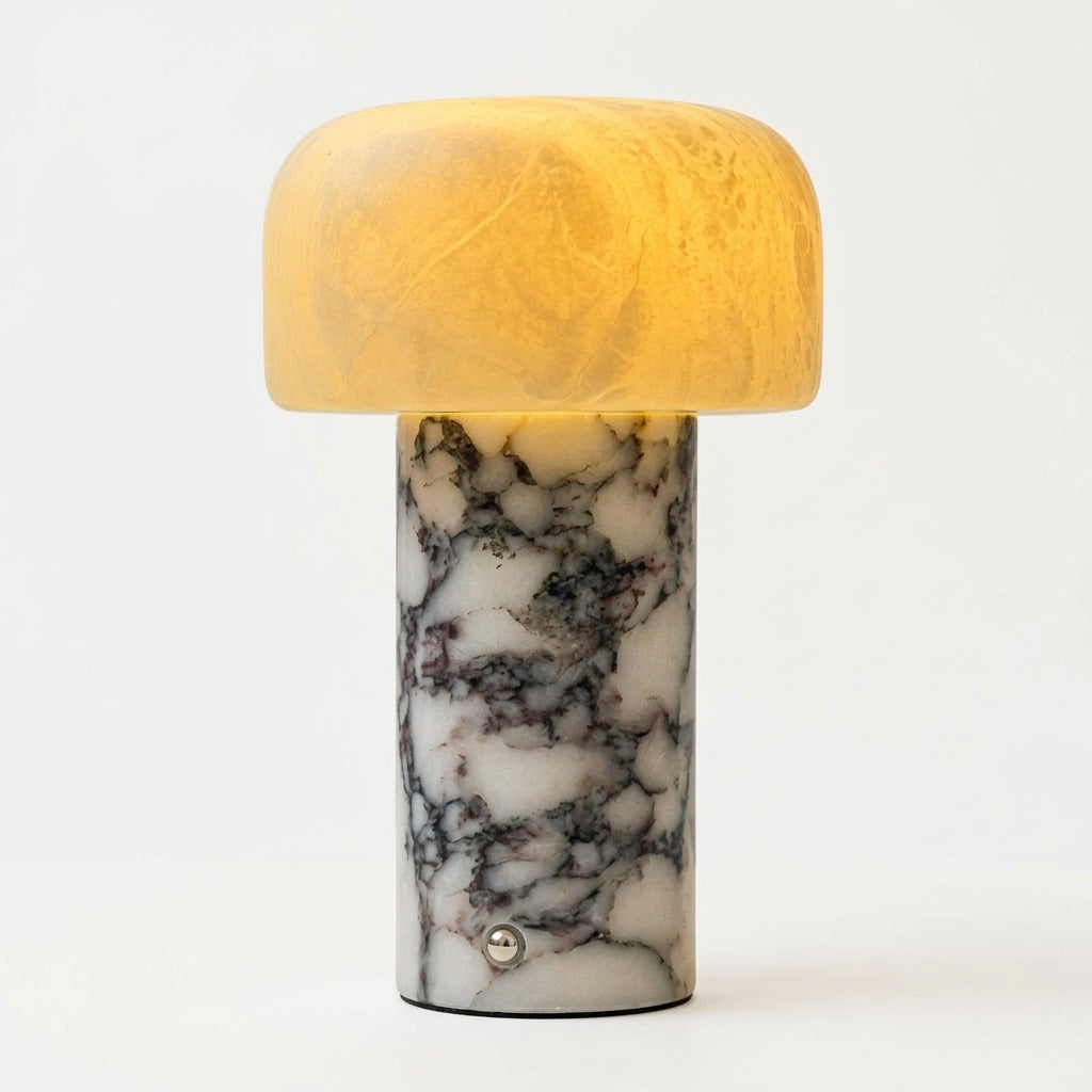 Close detail of the marble base, alabaster shade on the Marble Base Alabaster Shade Lamp