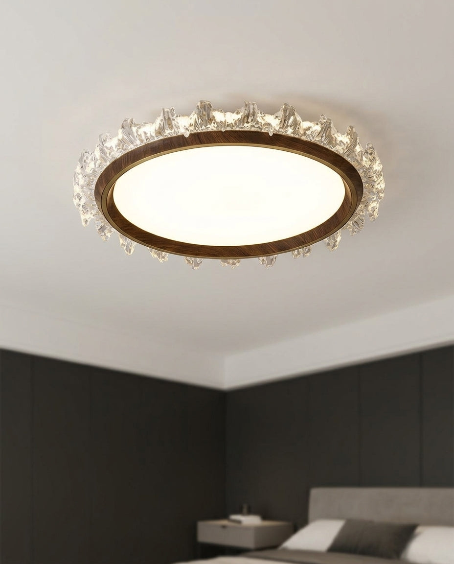 Round Wood and Acrylic Ceiling Light mounted on the ceiling of a calm modern bedroom, seen from below at a slight angle