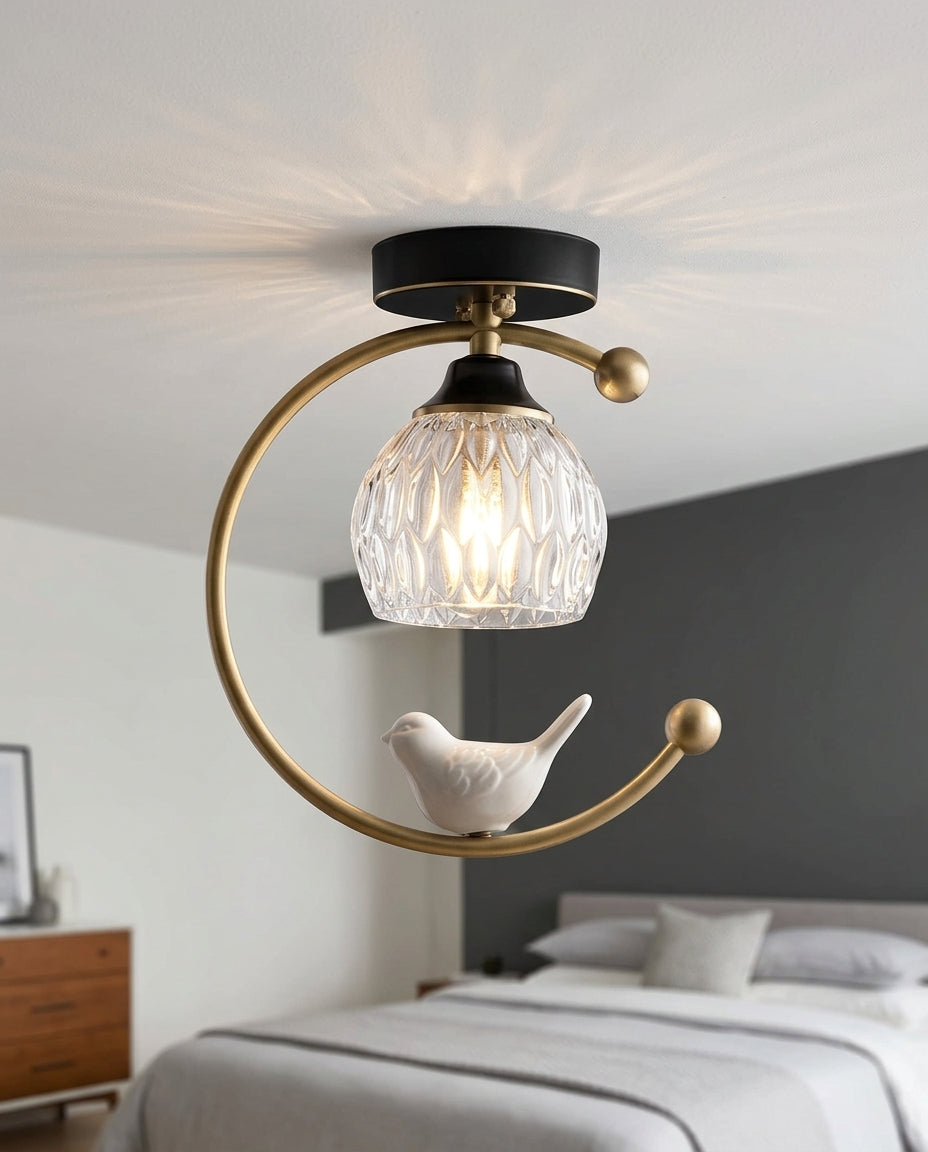 Ceramic and Brass Ceiling Lamp mounted on the ceiling of a calm modern bedroom, seen from below at a slight angle
