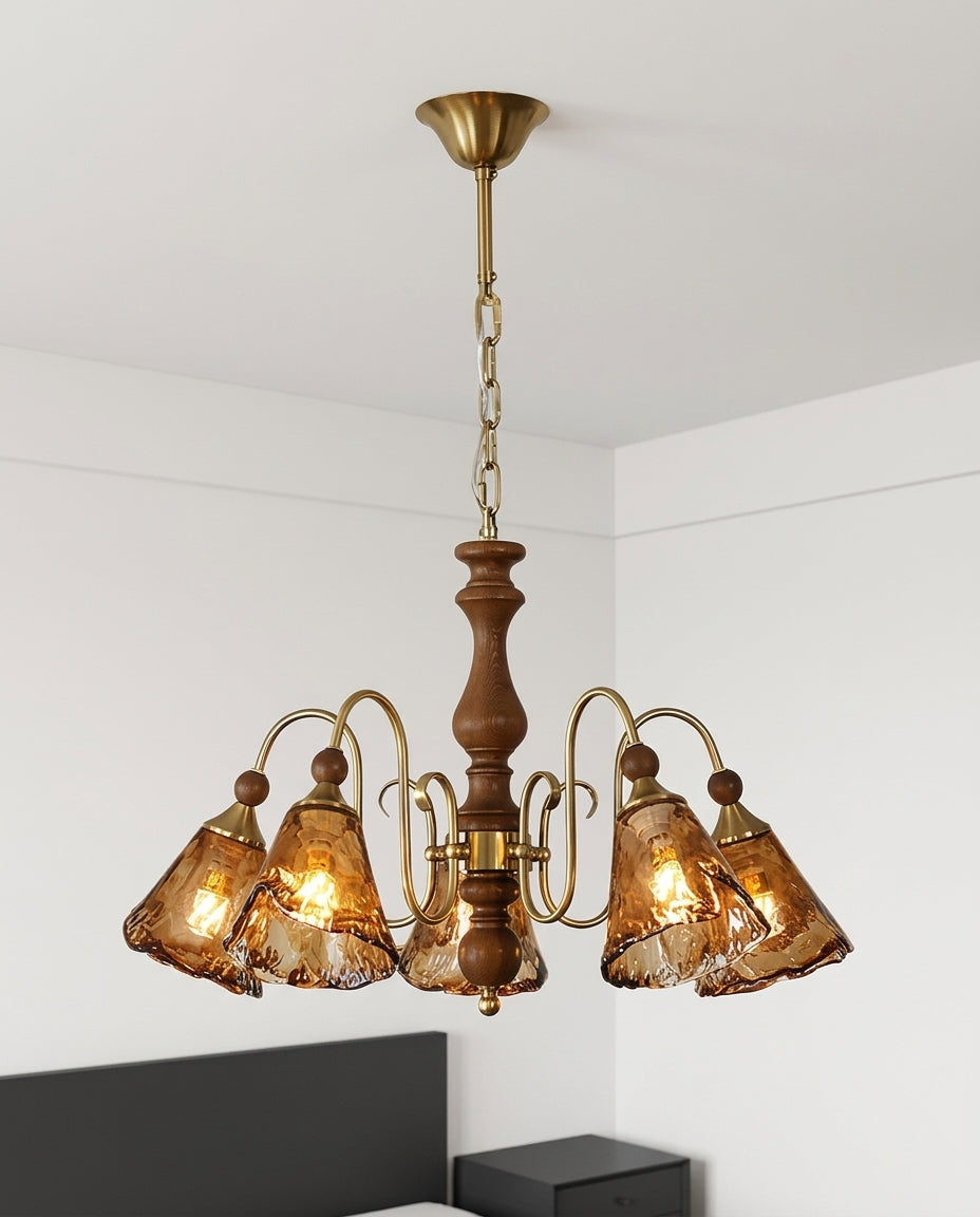 Copper and Amber Multi-Light Ceiling Fixture mounted on the ceiling of a calm modern bedroom, seen from below at a slight angle