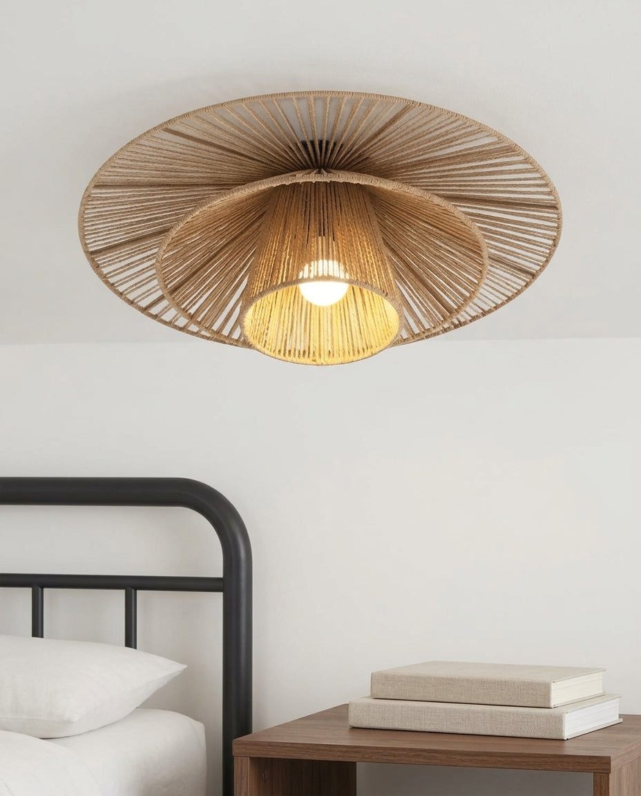 Hemp Rope Flush Mount mounted on the ceiling of a calm modern bedroom, seen from below at a slight angle