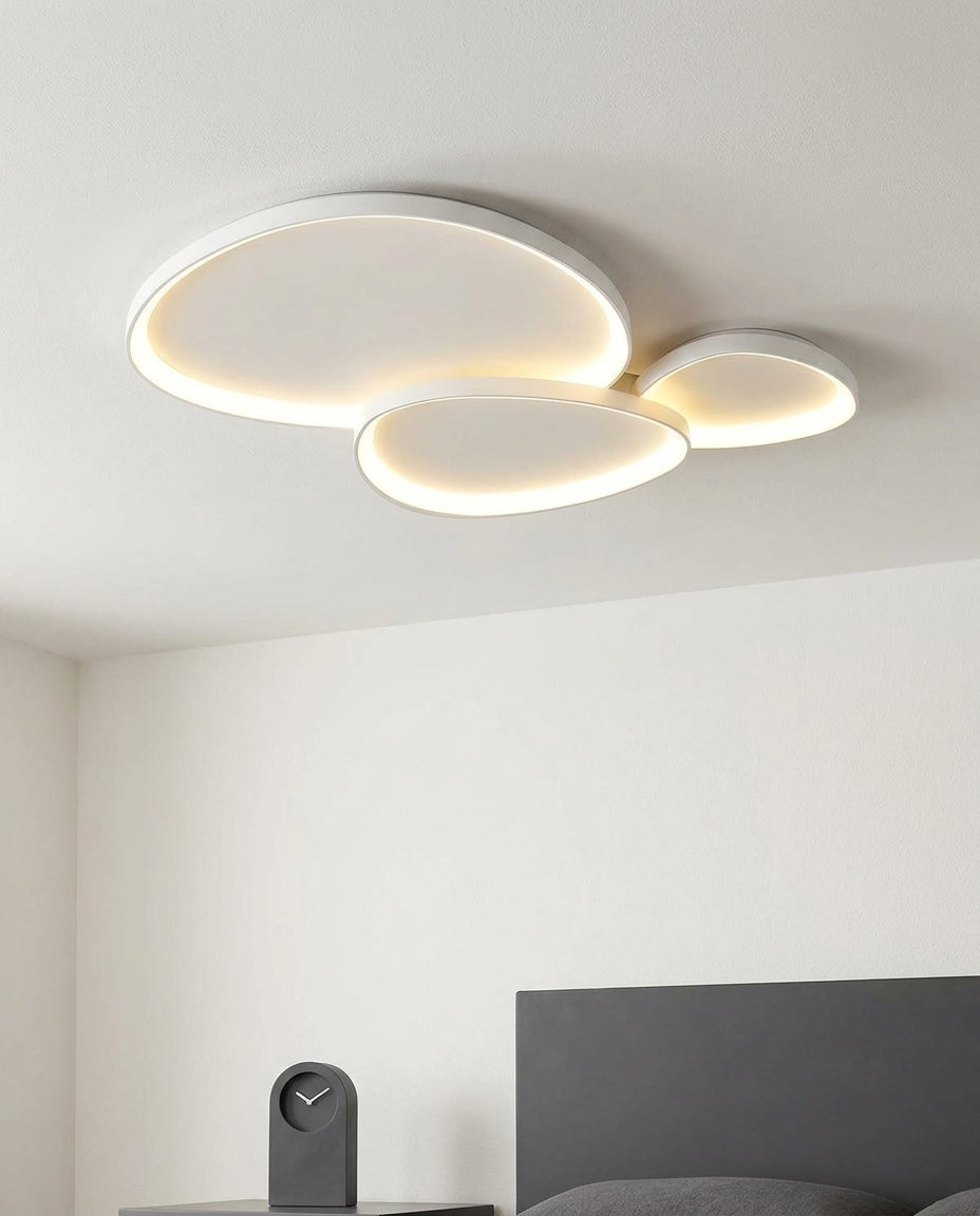 Linear Metal Ceiling Light mounted on the ceiling of a calm modern bedroom, seen from below at a slight angle