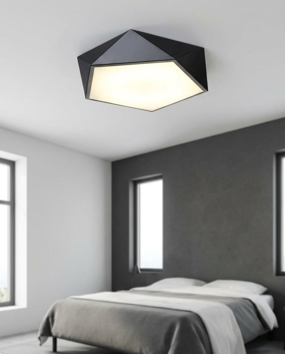 Polygonal Metal Ceiling Light mounted on the ceiling of a calm modern bedroom, seen from below at a slight angle