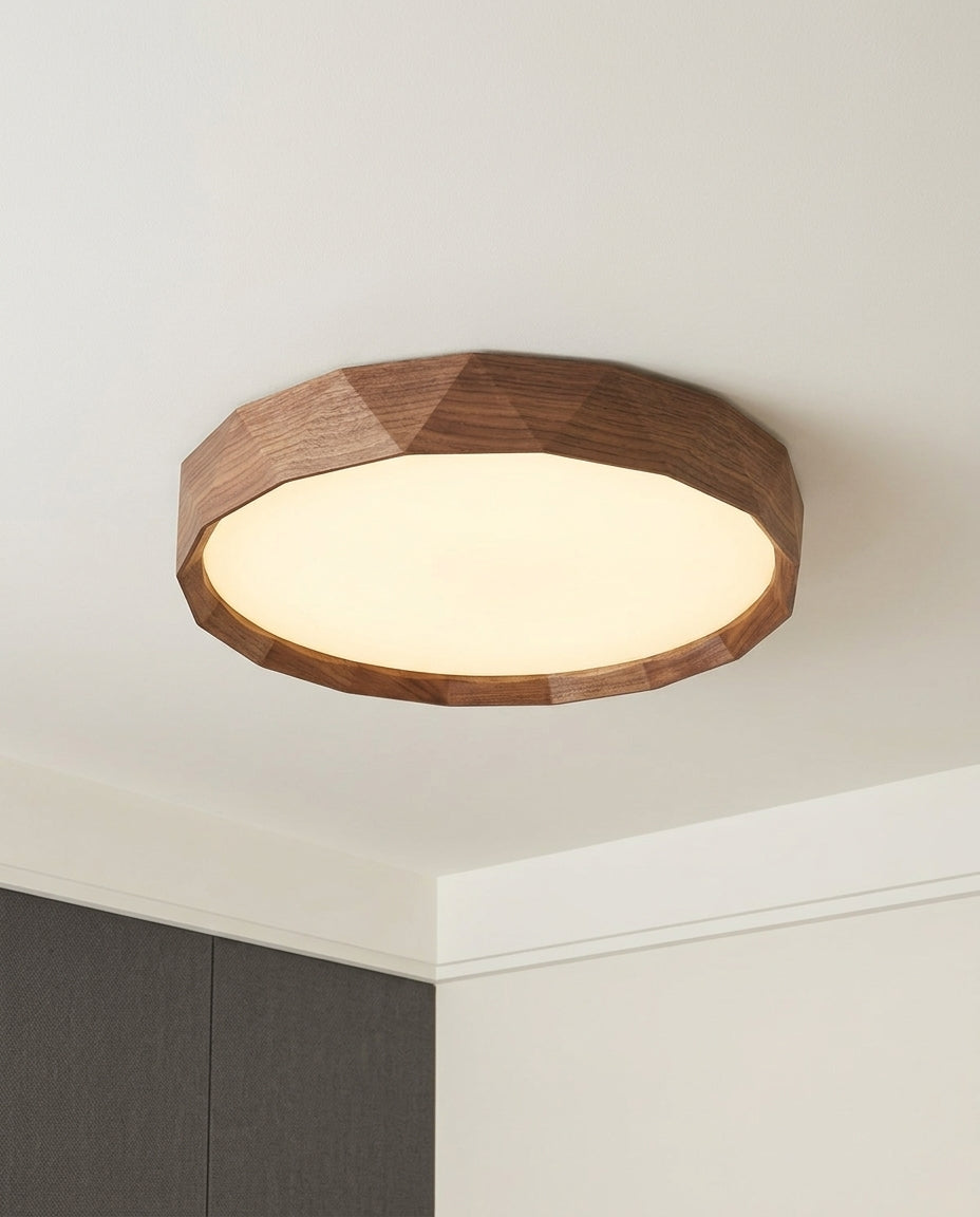 Wood-Grain Ceiling Light mounted on the ceiling of a calm modern bedroom, seen from below at a slight angle