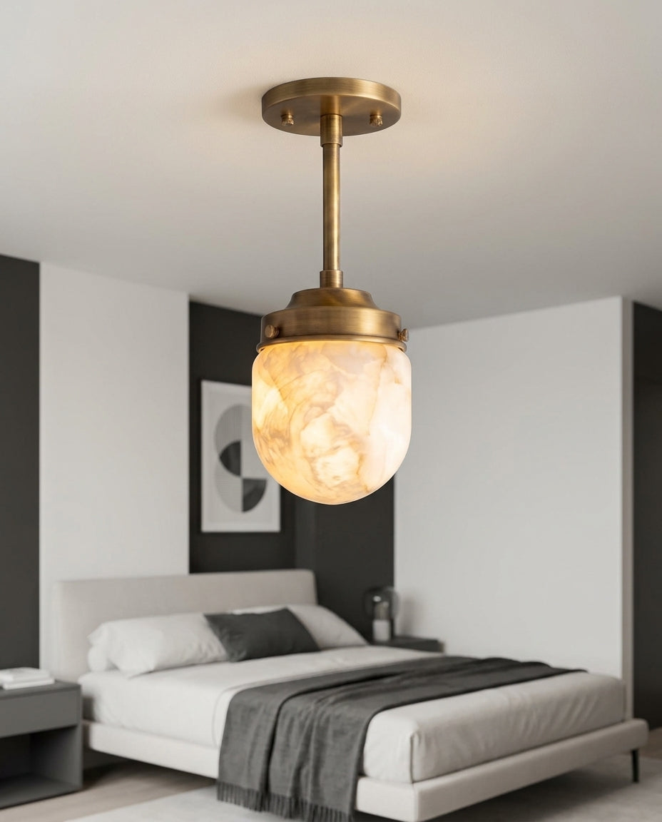 Alabaster Semi-Flush Ceiling Light mounted on the ceiling of a calm modern bedroom, seen from below at a slight angle