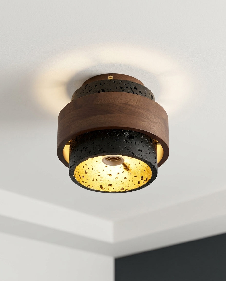 Travertine Ceiling Light mounted on the ceiling of a calm modern bedroom, seen from below at a slight angle