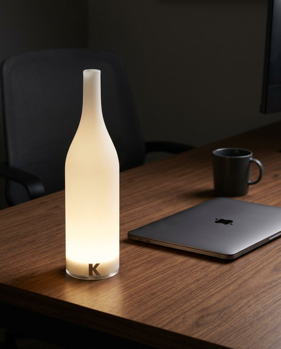 Slim Column Cordless Lamp standing on a walnut desk beside a laptop and a ceramic mug, evening, the rest of the room dim
