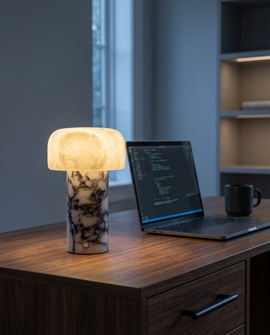 Marble Base Alabaster Shade Lamp standing on a walnut desk beside a laptop and a ceramic mug, evening, the rest of the room dim