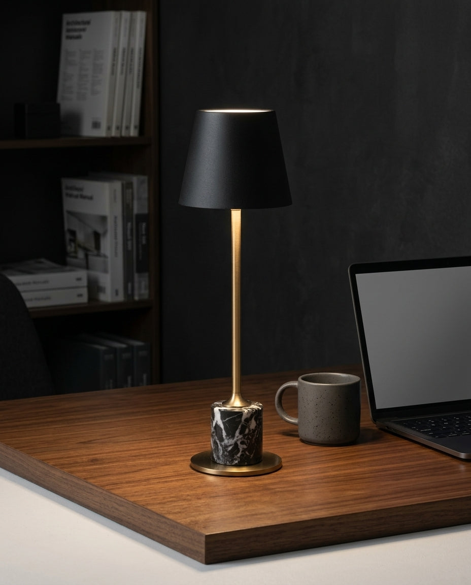 Mini Marble Stem Lamp standing on a walnut desk beside a laptop and a ceramic mug, evening, the rest of the room dim