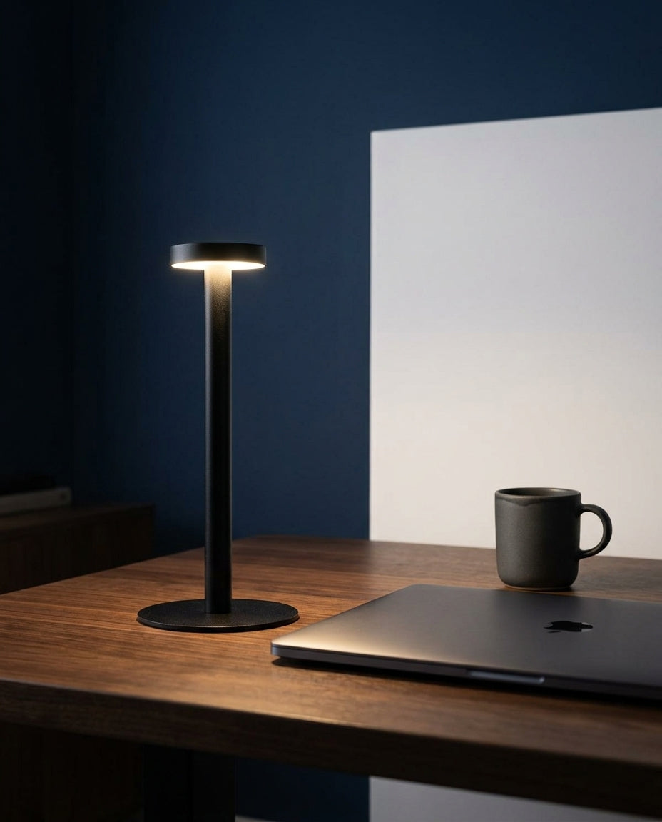 Sand-Finish Aluminum Cordless Lamp standing on a walnut desk beside a laptop and a ceramic mug, evening, the rest of the room dim
