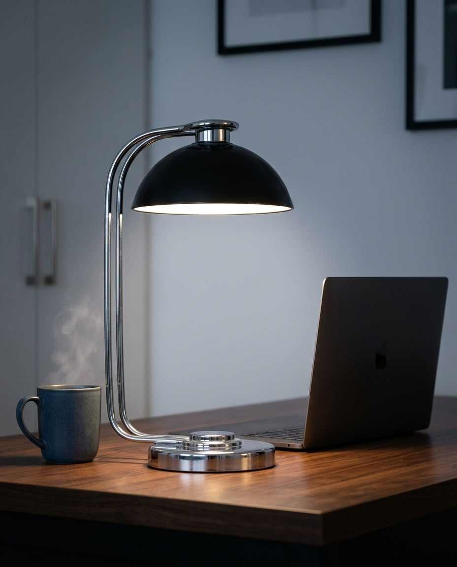 Chrome Dome Cordless Table Lamp standing on a walnut desk beside a laptop and a ceramic mug, evening, the rest of the room dim