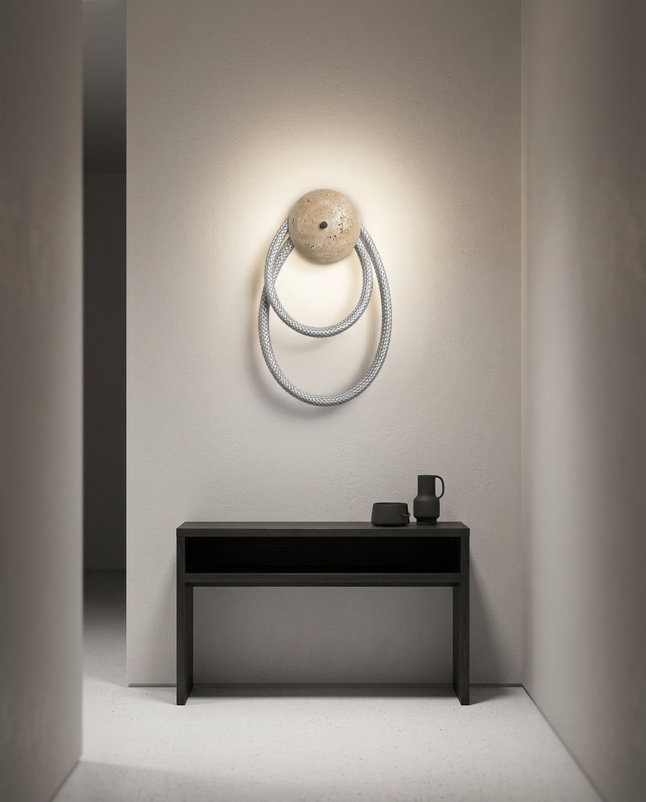 Travertine and Woven Fiber Wall Lamp – hallway