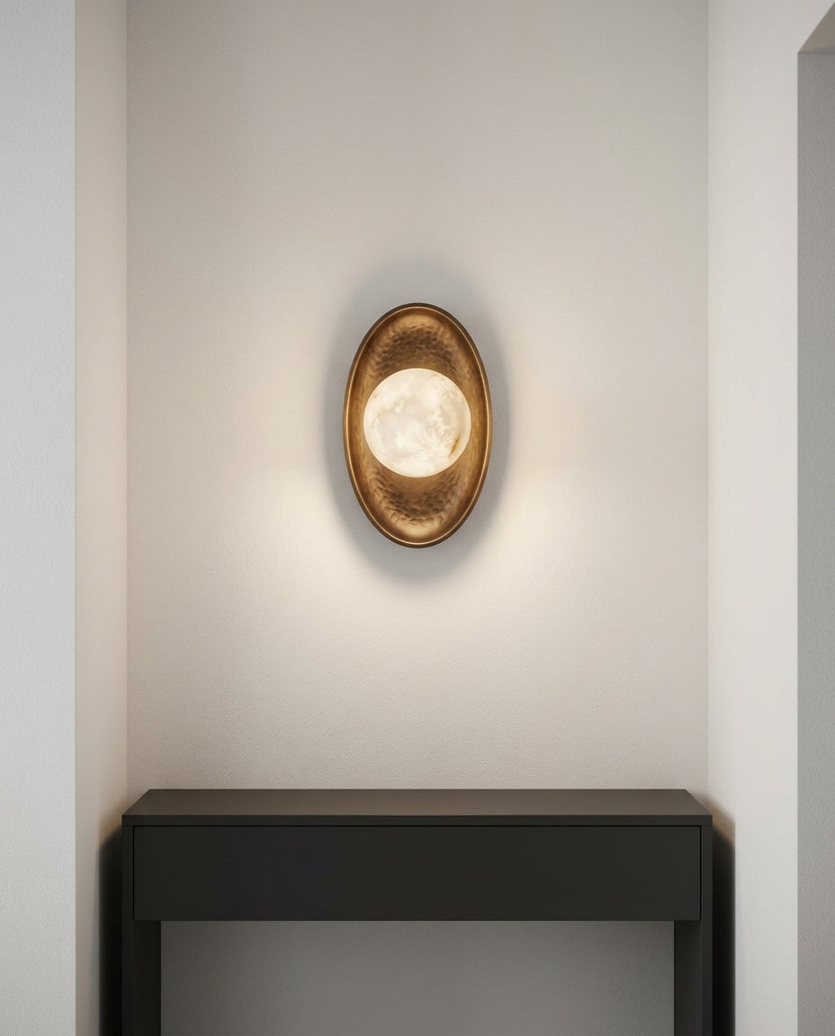 Hammered Metal and Alabaster Sconce – hallway