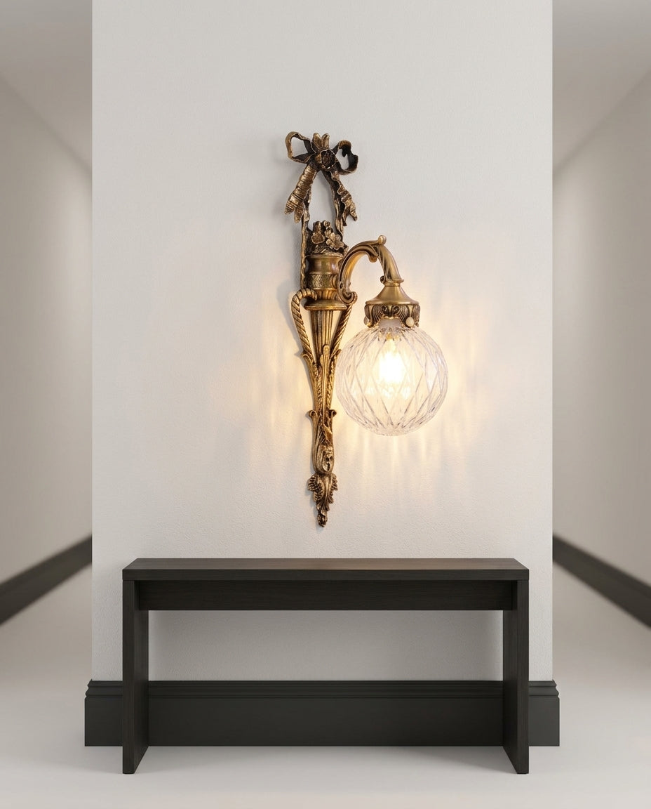 Antiqued Brass and Glass Wall Sconce – hallway