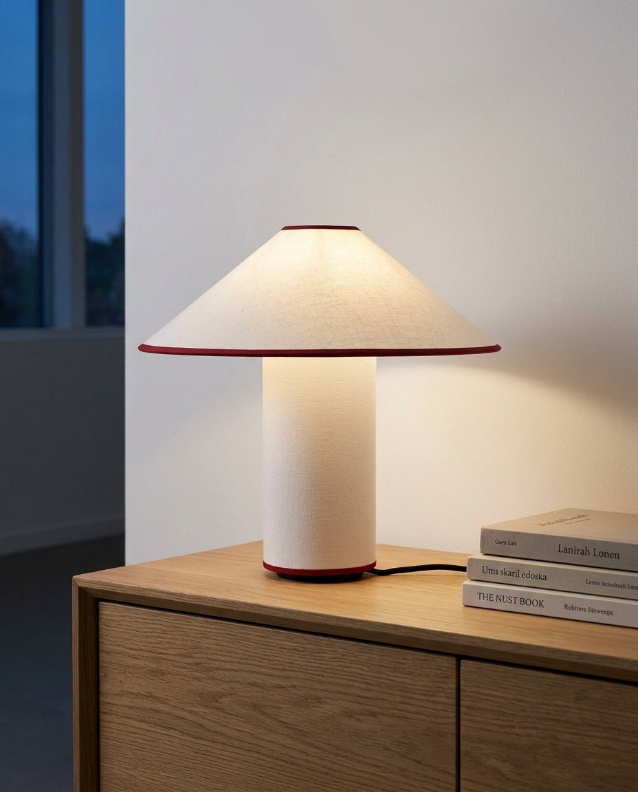 Fabric Drum Table Lamp on an oak sideboard against an off-white wall, evening, a small stack of books beside it