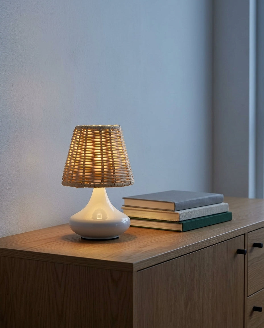 Woven Bamboo Table Lamp on an oak sideboard against an off-white wall, evening, a small stack of books beside it