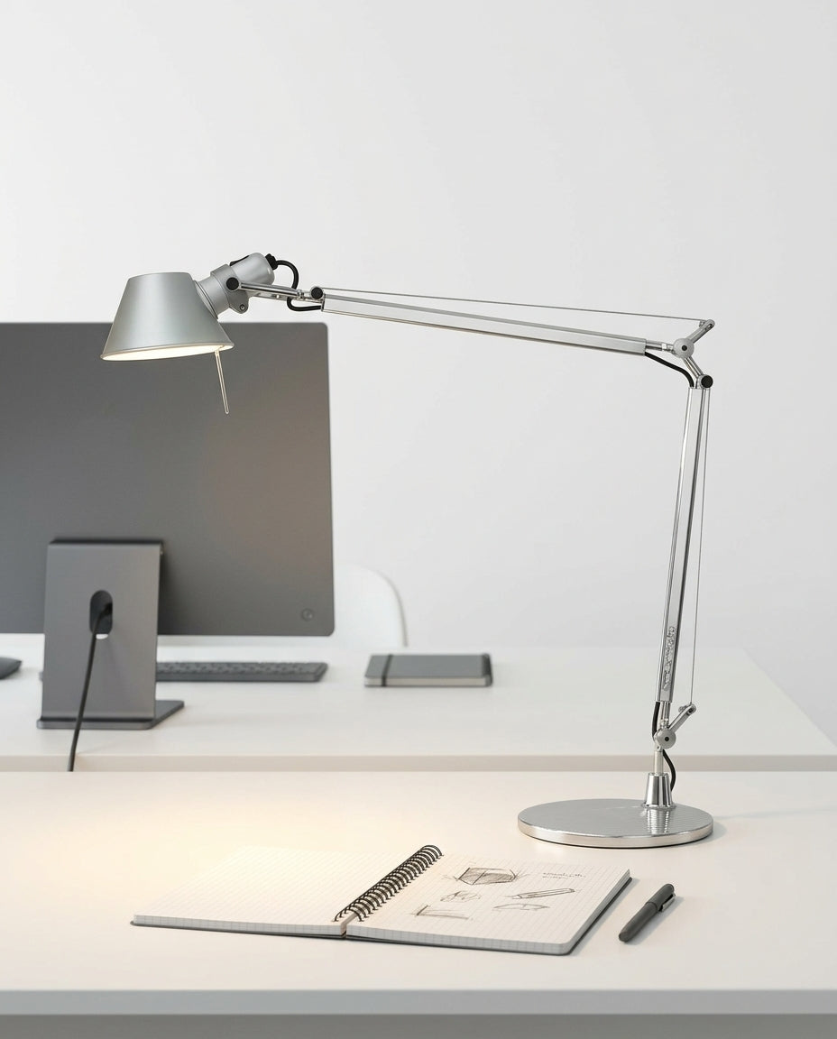 Articulated Aluminum Desk Lamp on a tidy home-office desk with a monitor and a notebook, task light pooled on the desk surface