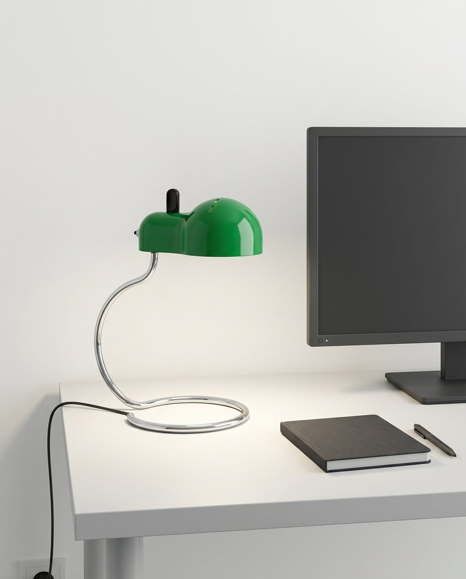Industrial Dome Desk Lamp on a tidy home-office desk with a monitor and a notebook, task light pooled on the desk surface