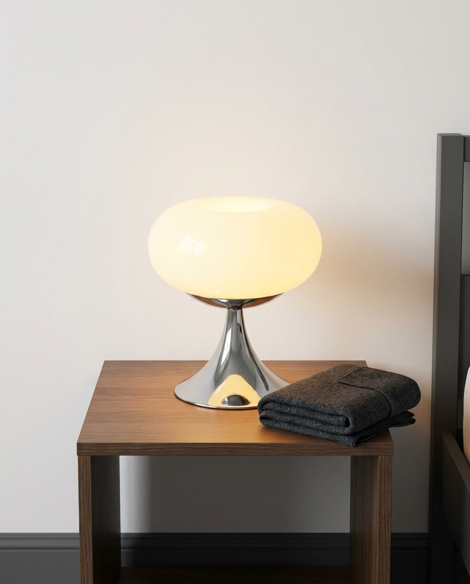Rounded Glass Table Lamp on a bedside table beside a folded throw, warm evening light