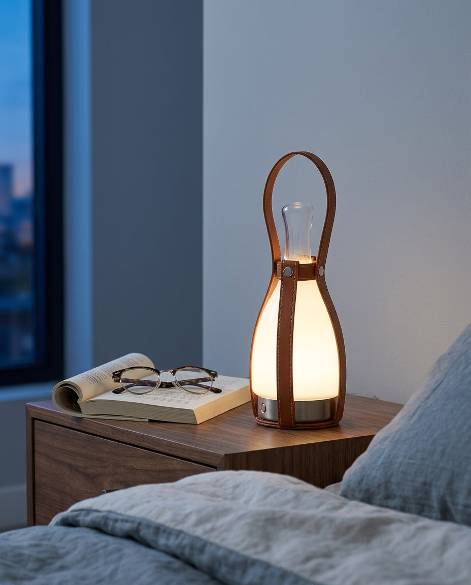 Leather and Glass Portable Lamp on a bedside table beside a folded throw, warm evening light