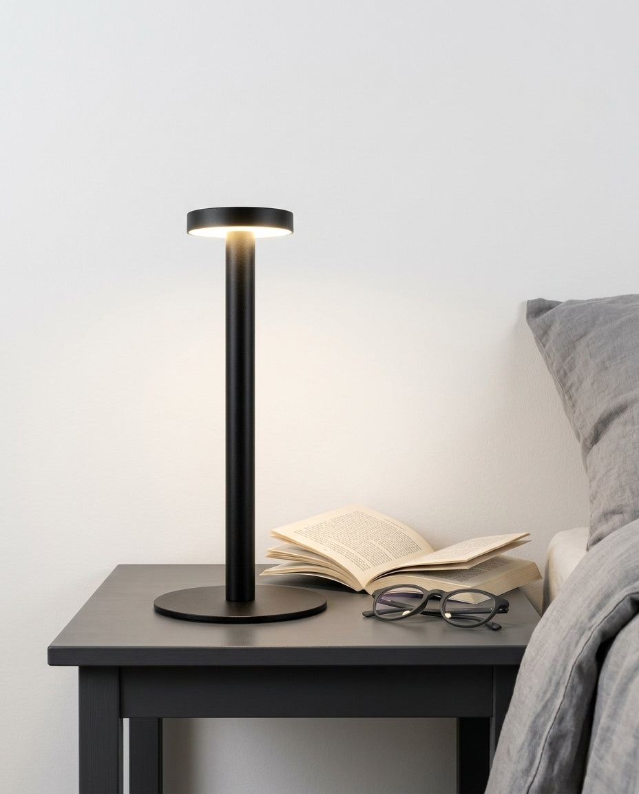 Sand-Finish Aluminum Cordless Lamp on a bedside table beside a folded throw, warm evening light