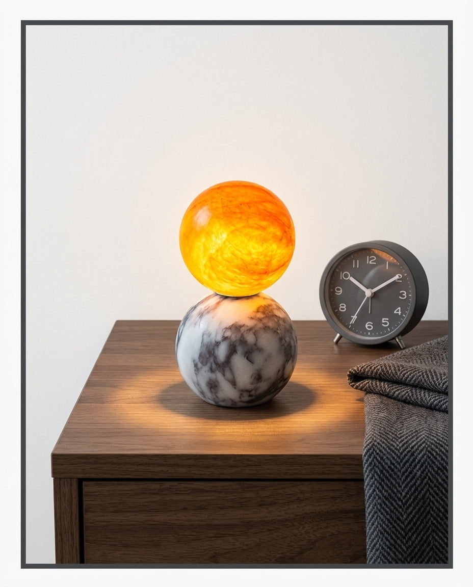 Marble and Alabaster Table Lamp on a bedside table beside a folded throw, warm evening light