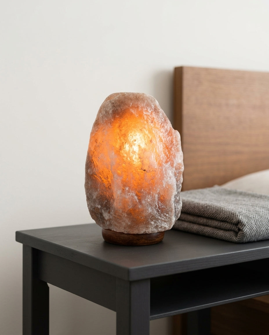 Salt Stone Table Lamp on a bedside table beside a folded throw, warm evening light