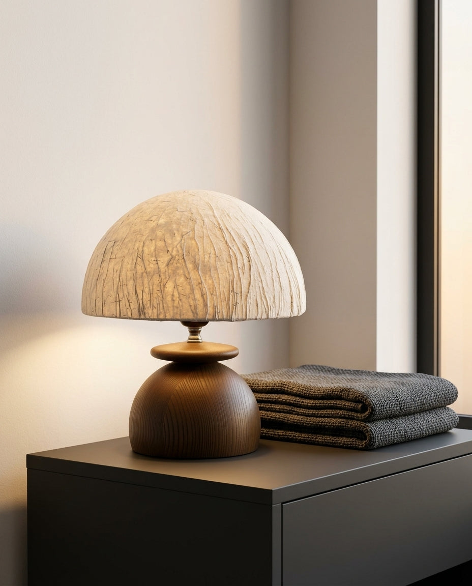 Paper Shade and Wood Table Lamp on a bedside table beside a folded throw, warm evening light