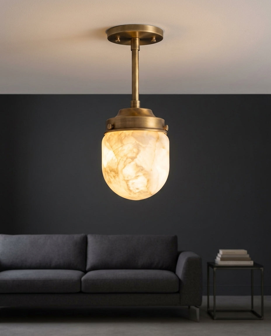 Alabaster Semi-Flush Ceiling Light mounted on the ceiling of a living room with a low sofa, evening