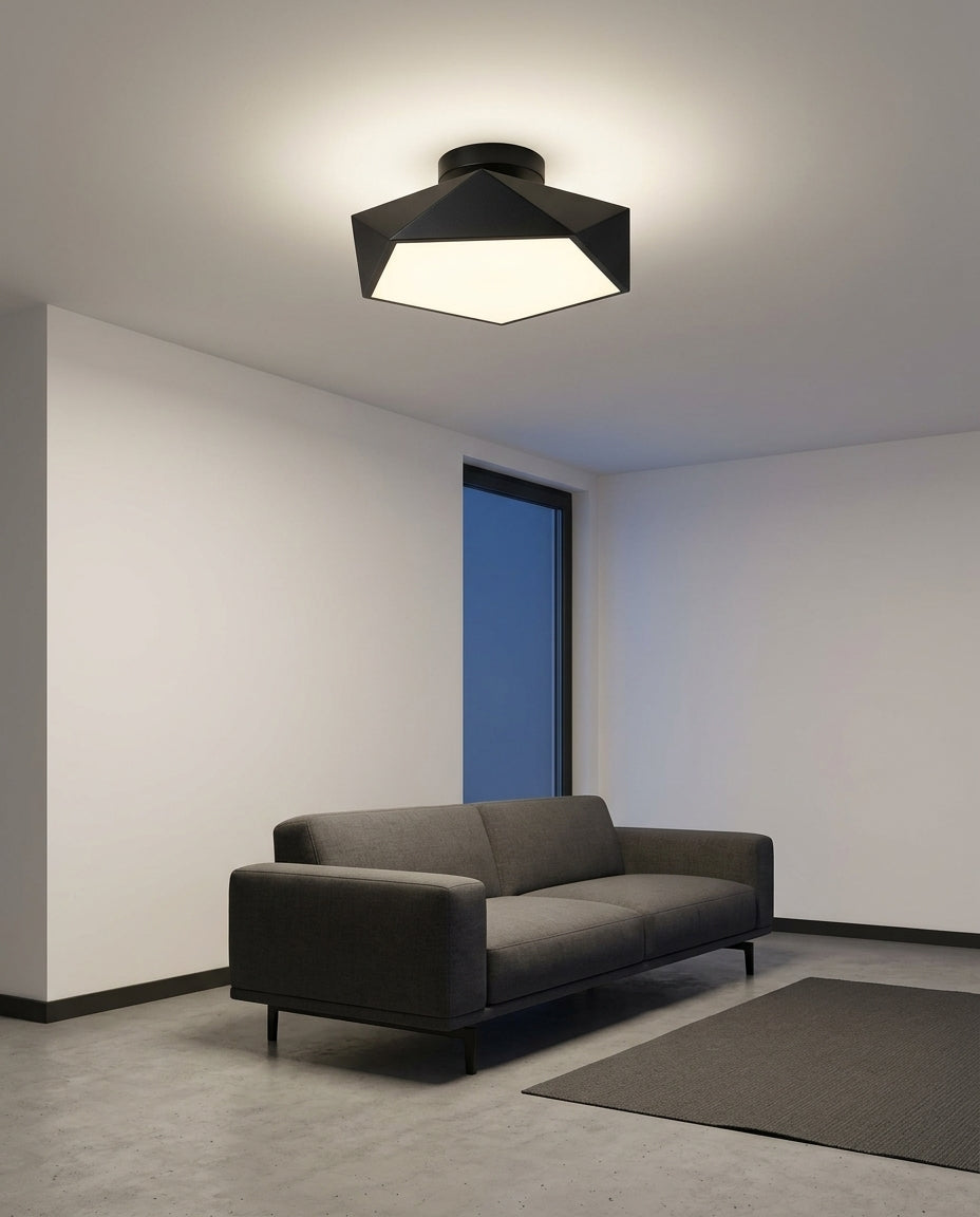 Polygonal Metal Ceiling Light mounted on the ceiling of a living room with a low sofa, evening