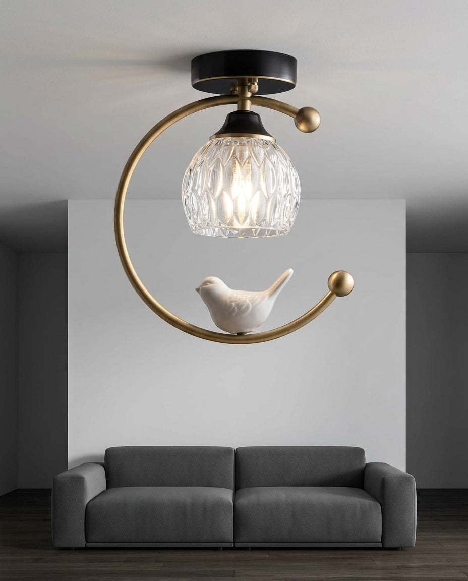 Ceramic and Brass Ceiling Lamp mounted on the ceiling of a living room with a low sofa, evening