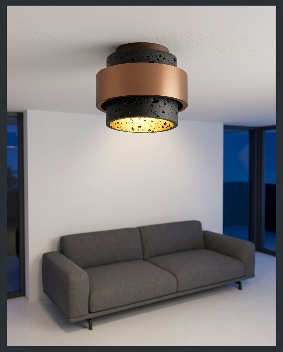 Travertine Ceiling Light mounted on the ceiling of a living room with a low sofa, evening