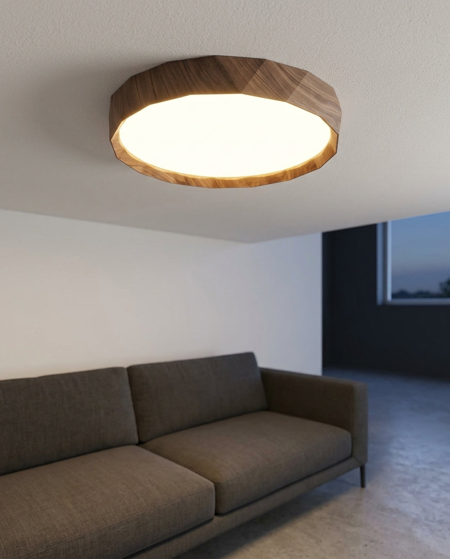 Wood-Grain Ceiling Light mounted on the ceiling of a living room with a low sofa, evening