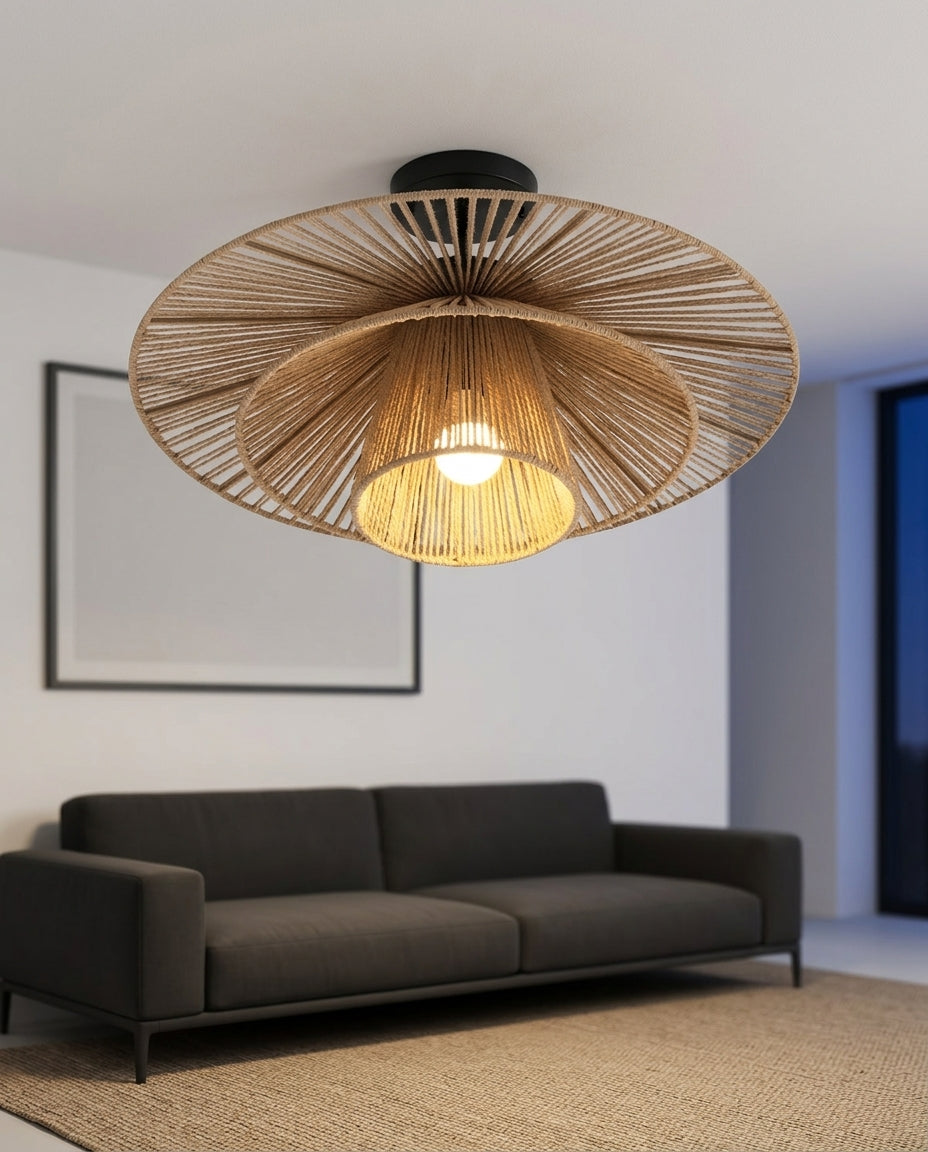 Hemp Rope Flush Mount mounted on the ceiling of a living room with a low sofa, evening