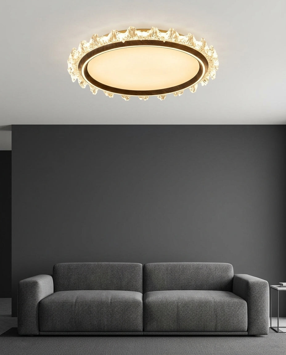 Round Wood and Acrylic Ceiling Light mounted on the ceiling of a living room with a low sofa, evening