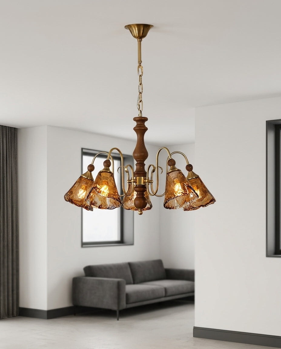 Copper and Amber Multi-Light Ceiling Fixture mounted on the ceiling of a living room with a low sofa, evening