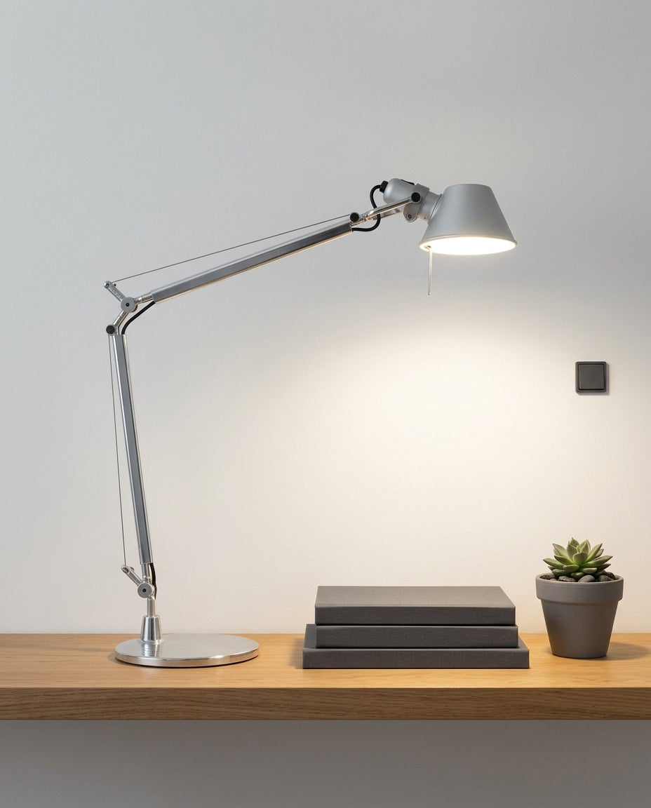 Articulated Aluminum Desk Lamp on an oak shelf beside a few hardback books and a small plant, evening