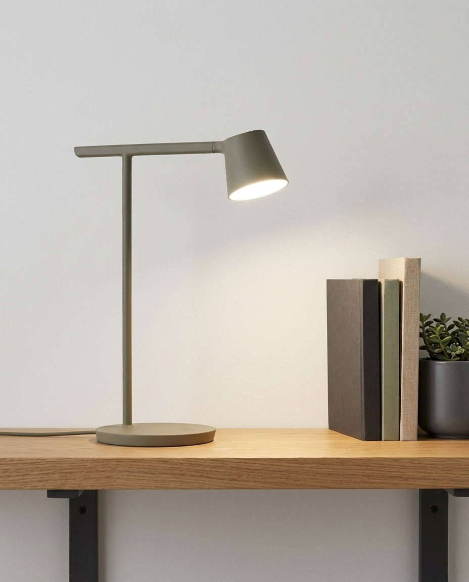 Adjustable Opal Diffuser Desk Lamp on an oak shelf beside a few hardback books and a small plant, evening
