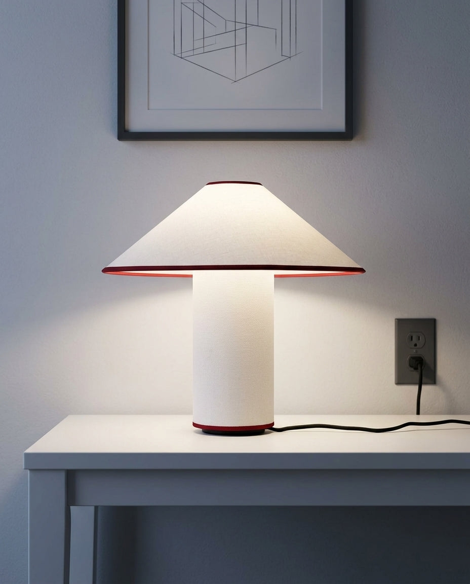 Fabric Drum Table Lamp on an entryway console table below a framed print, evening