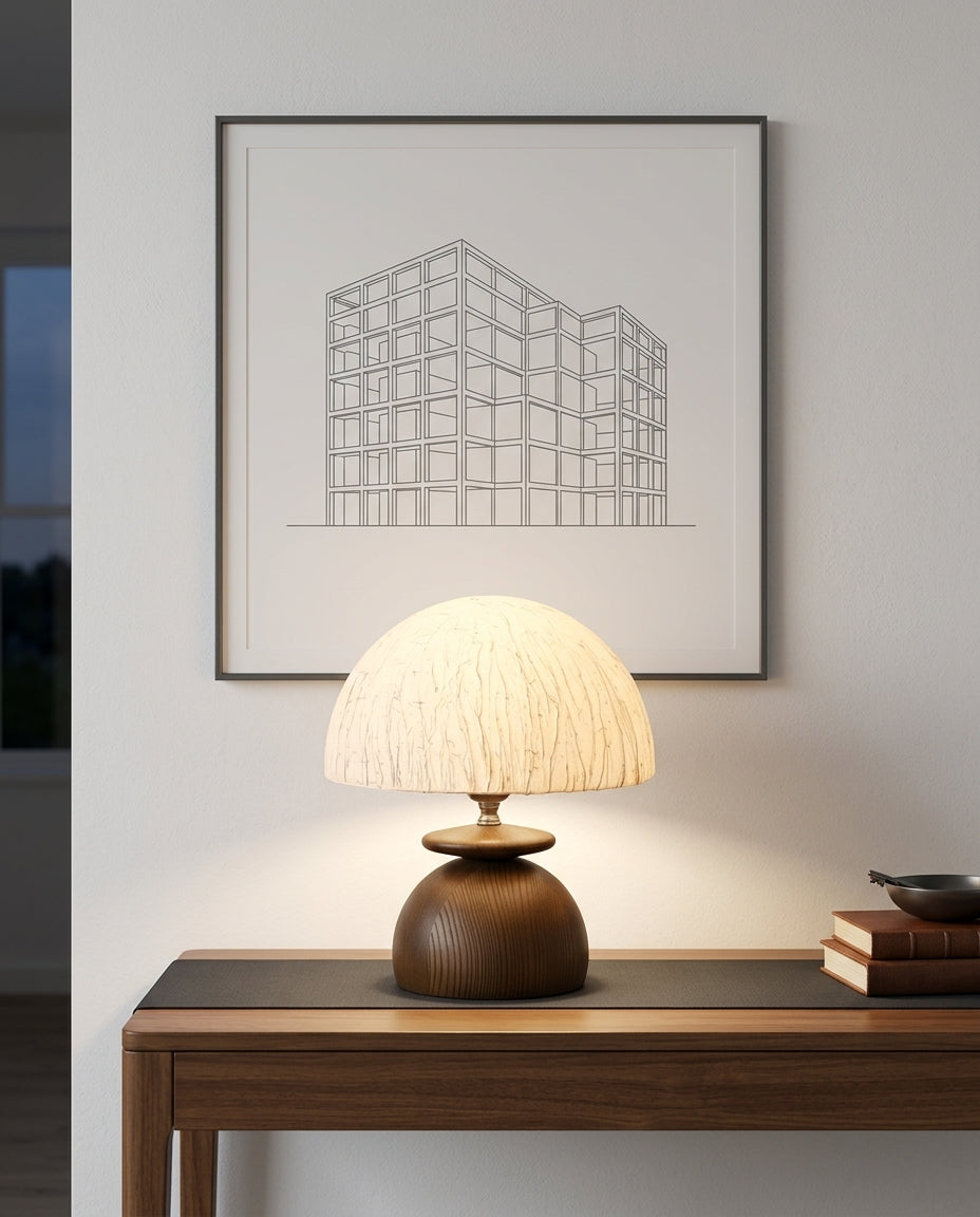 Paper Shade and Wood Table Lamp on an entryway console table below a framed print, evening
