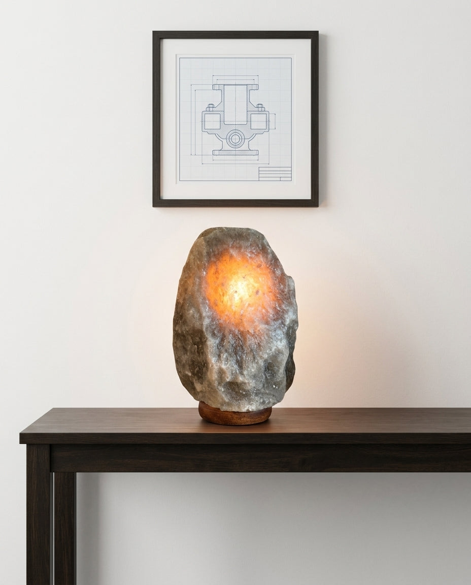 Salt Stone Table Lamp on an entryway console table below a framed print, evening