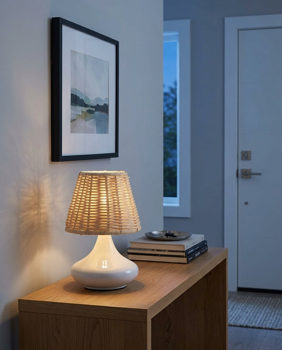 Woven Bamboo Table Lamp on an entryway console table below a framed print, evening
