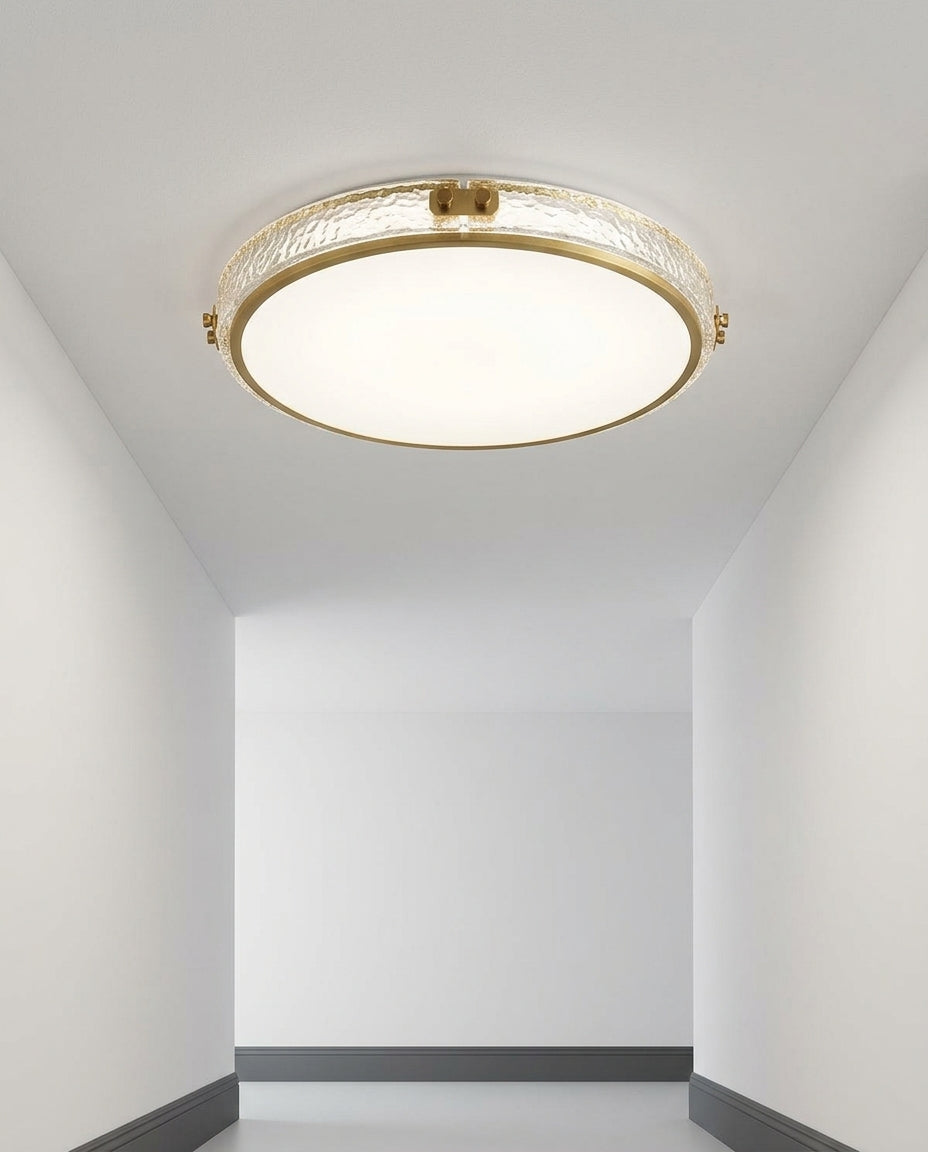 Brass and Crystal Ceiling Light mounted on a hallway ceiling, clean white surface, soft even light