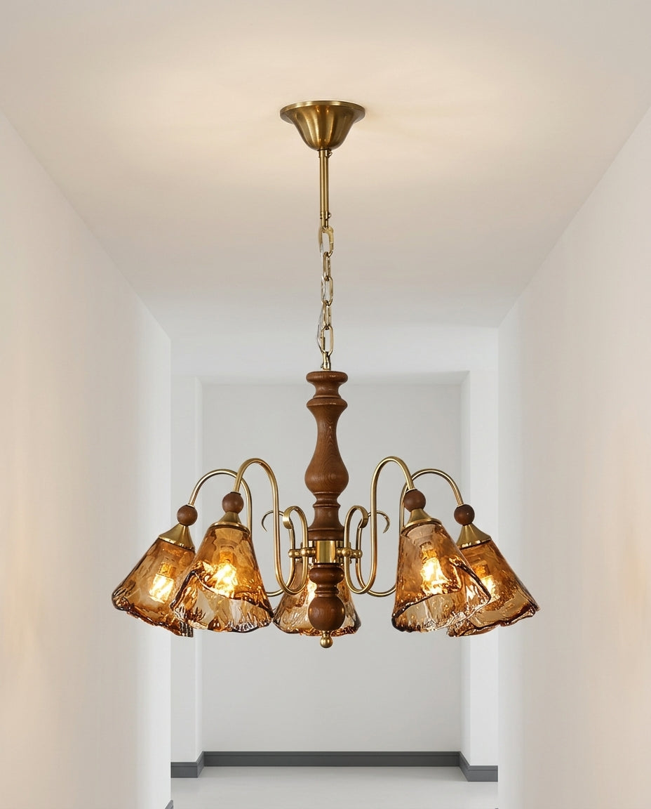 Copper and Amber Multi-Light Ceiling Fixture mounted on a hallway ceiling, clean white surface, soft even light