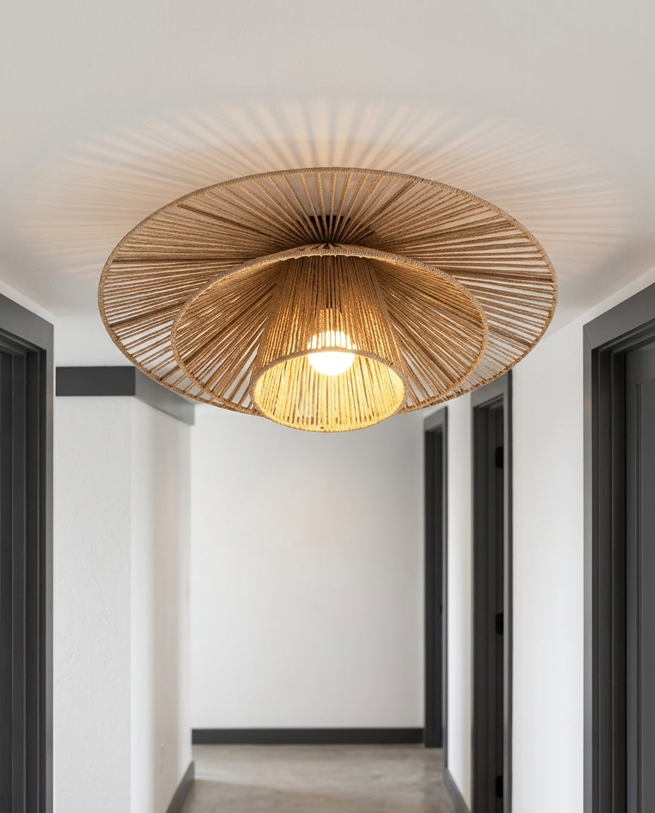 Hemp Rope Flush Mount mounted on a hallway ceiling, clean white surface, soft even light